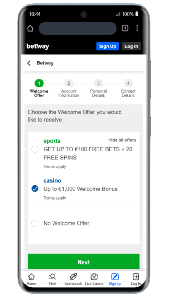 Registrering hos betway Casino
